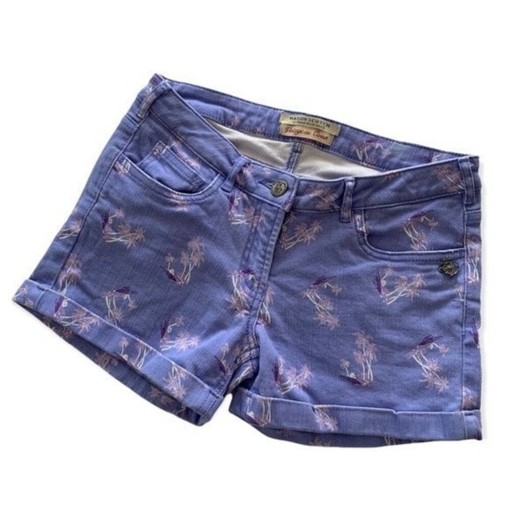 Palm shorts Maison Scotch Purple Palm Tree Beach Print Cuffed Denim Shorts 25 XS